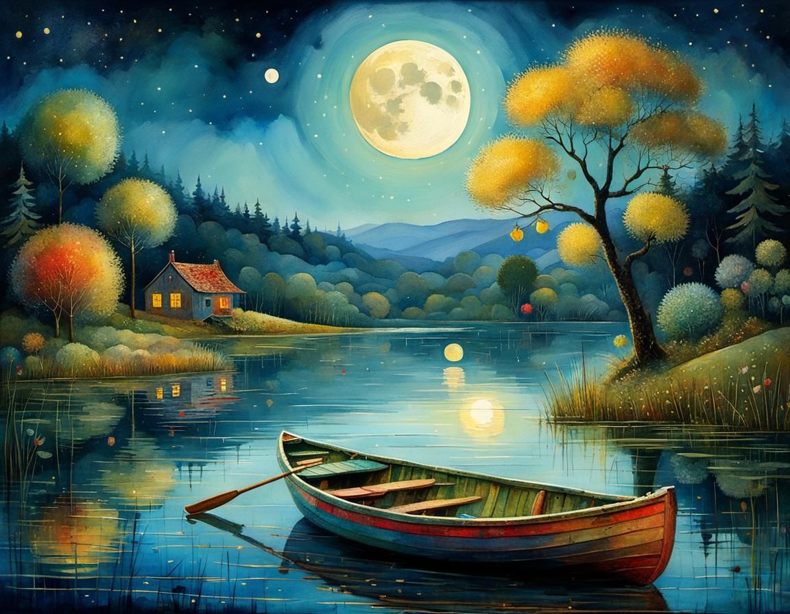 Whimsical Moonlit Date Illustration in a Rowboat