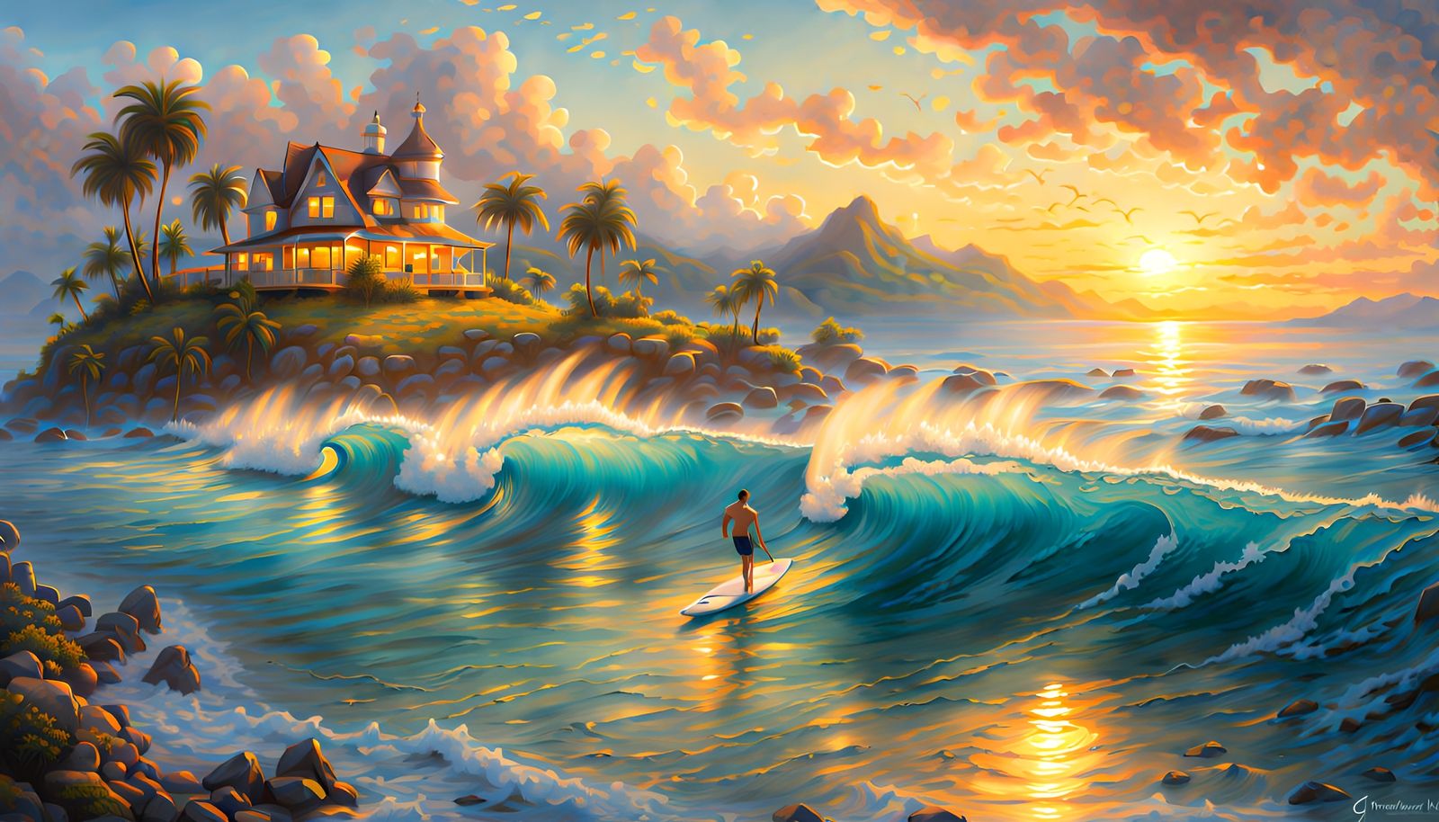 Island Seascape at Golden Hour in Photorealistic Style