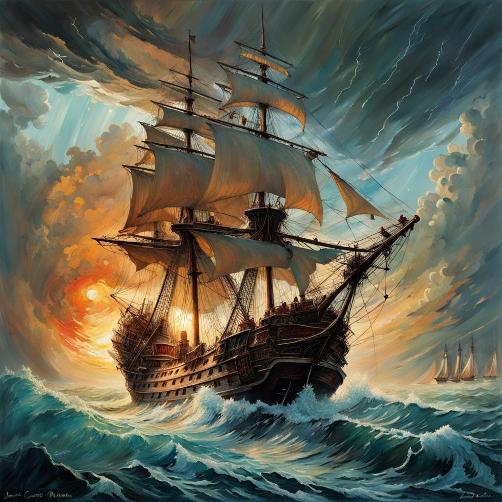 Sailing Ship in Stormy Seas: Hyper-Detailed Oil Painting