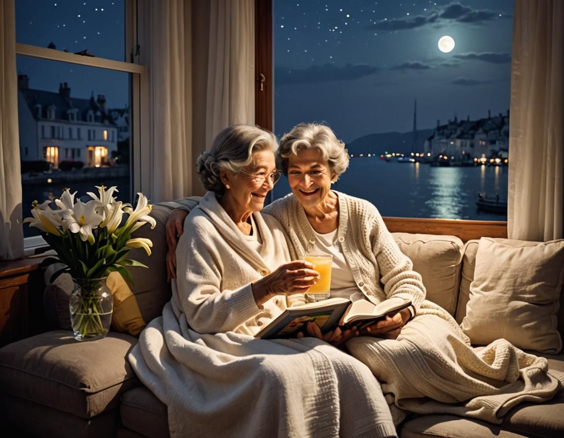 Cozy Night: Grandmother and Granddaughter Reading