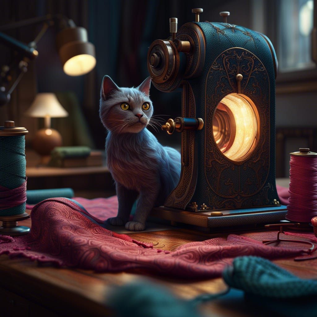 Cat Tailor at Sewing Machine in Detailed Digital Art