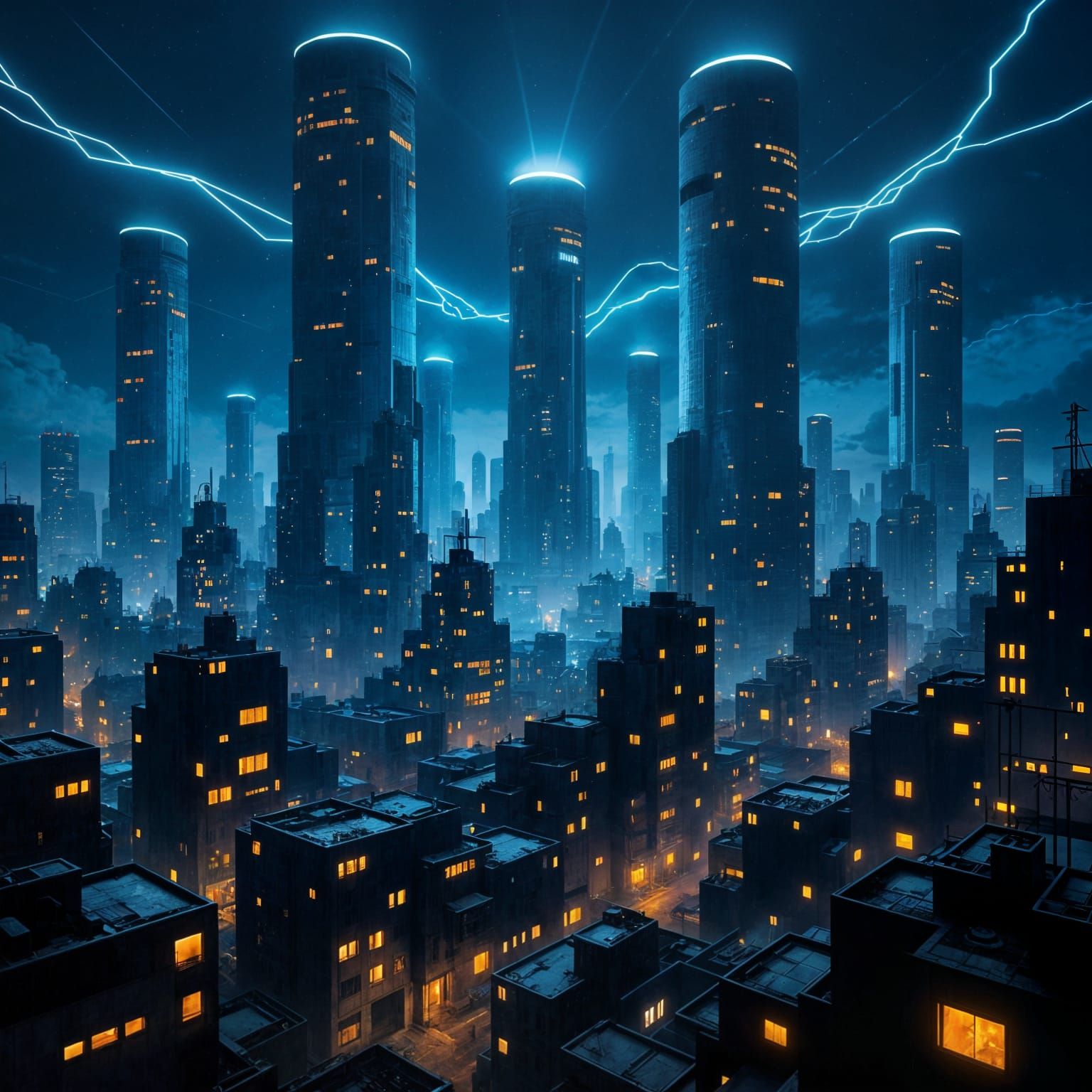 Futuristic Dystopian Cityscape with Blue and Orange Lights