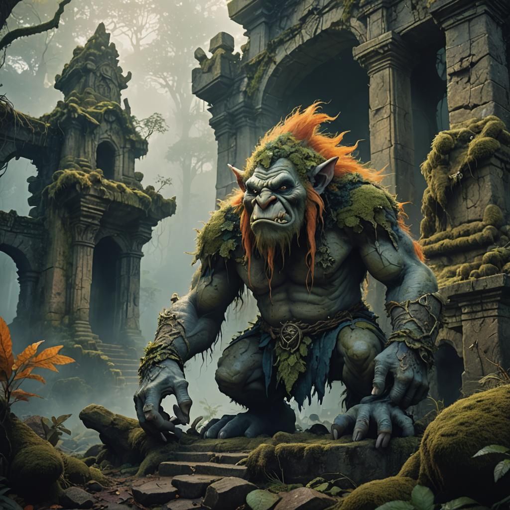 Troll in Misty Forest Ruins: Fantasy Concept Art