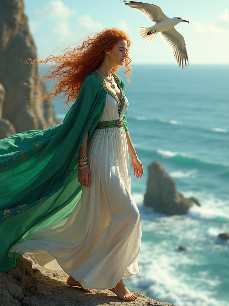Druidess on Cliffside in Flowing Dress