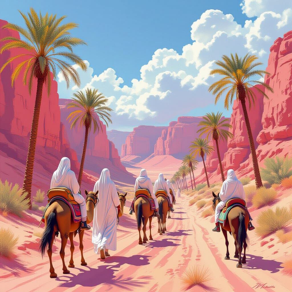 Camel Riders in Pink Canyon, Golden Hour Lighting