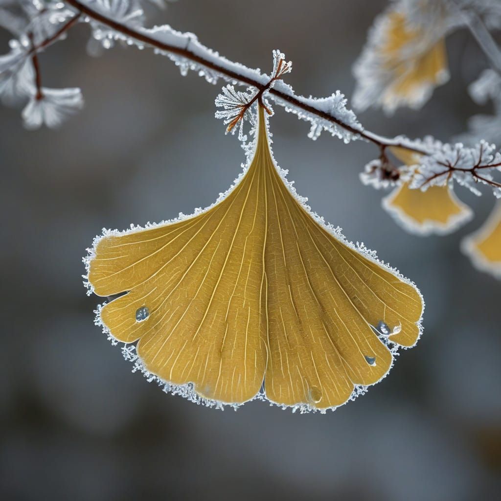 Frosted Ginkgo Leaf Illuminated in Winter's Quiet Morning
