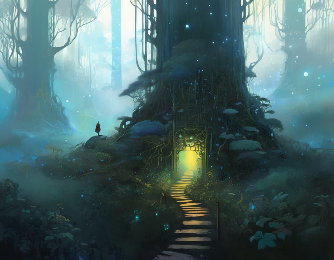 Mysterious Foggy Forest with Lone Traveler