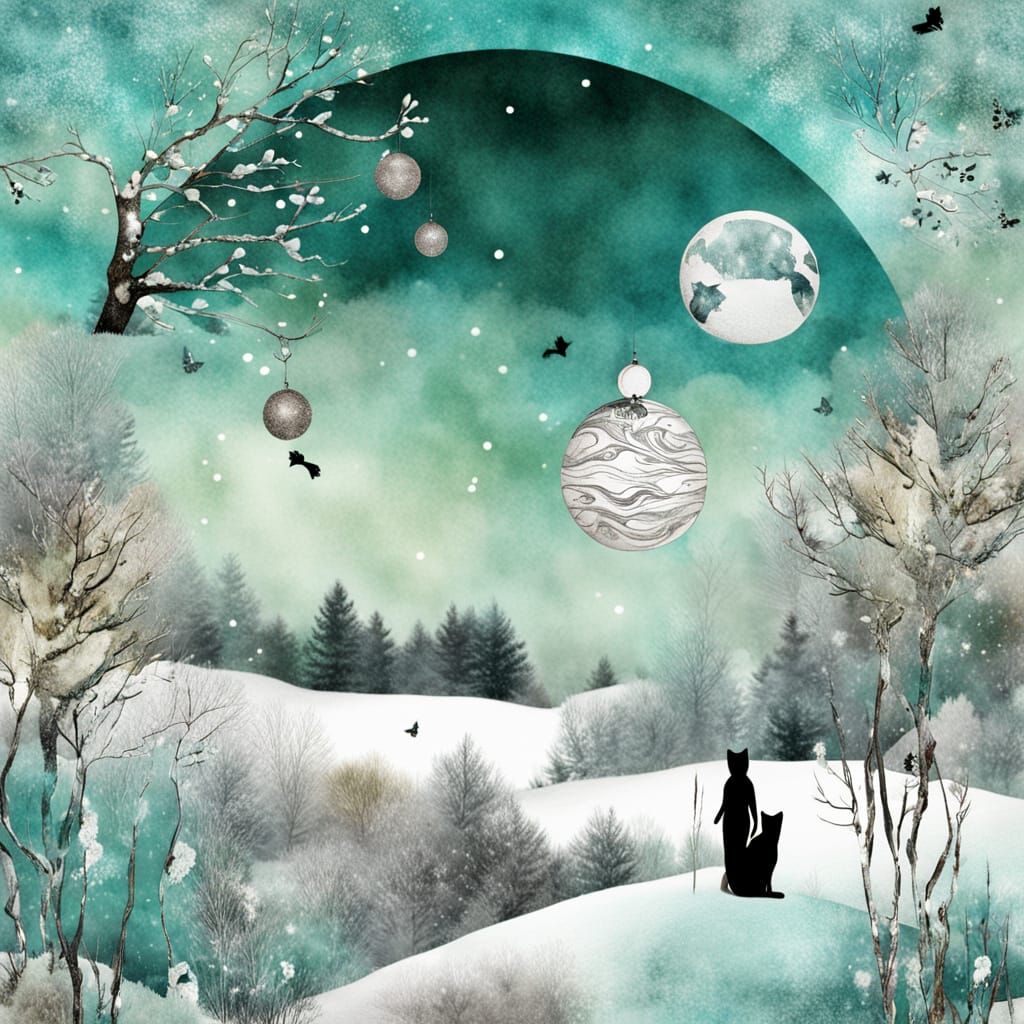 Cats in Winter Meadow, Watercolor and Ink Style