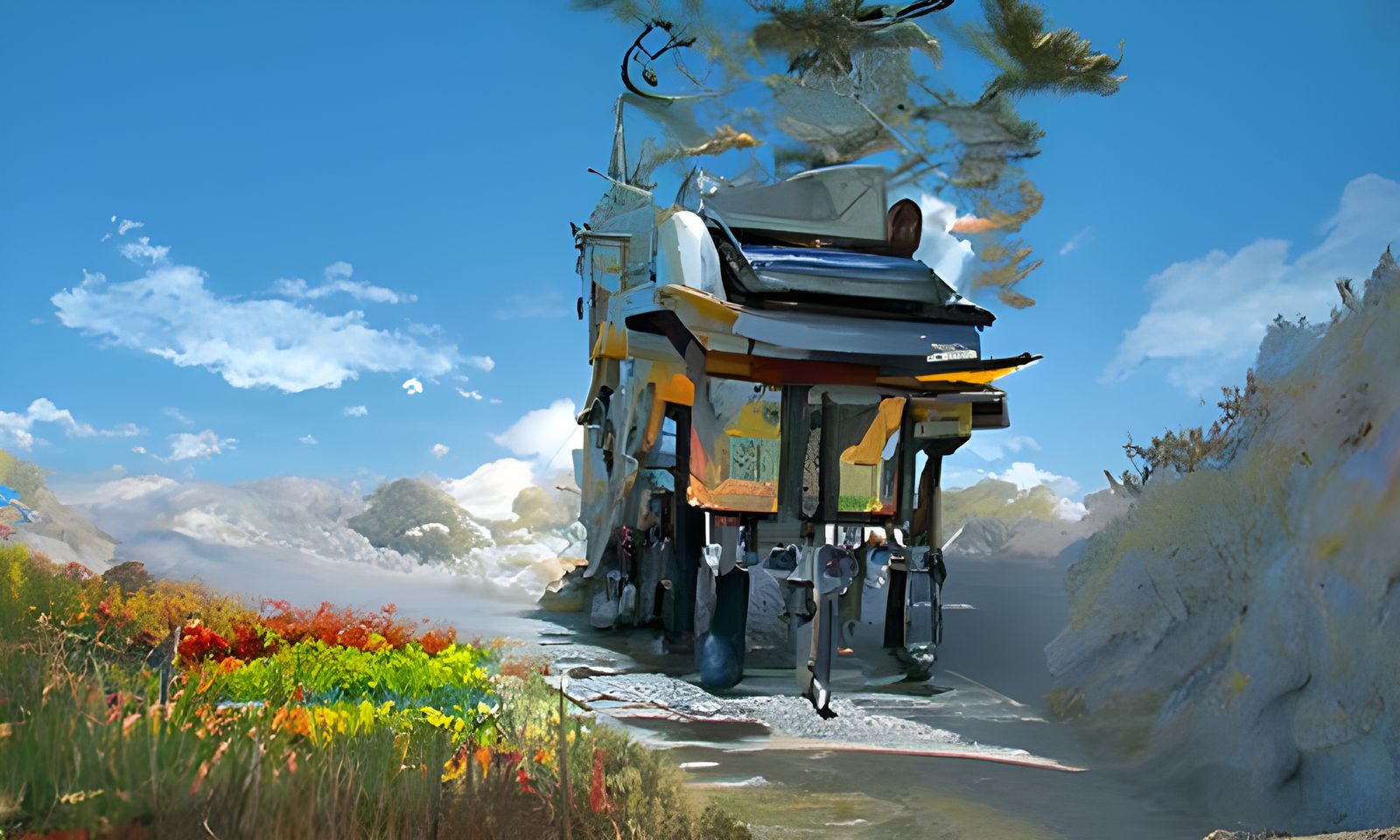 Ghibli-esque Walking Piano Robot in Oil Paint
