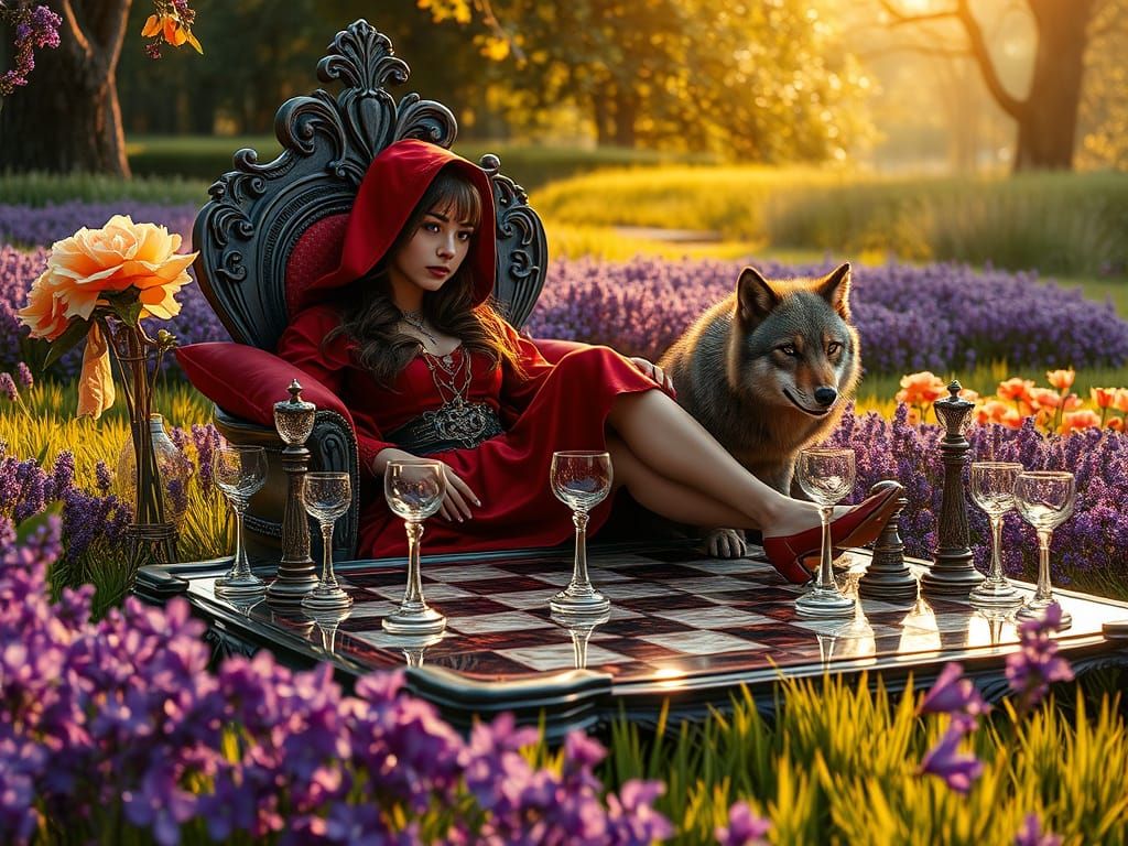 Elegant Steampunk Chess Scene with Red Riding Hood