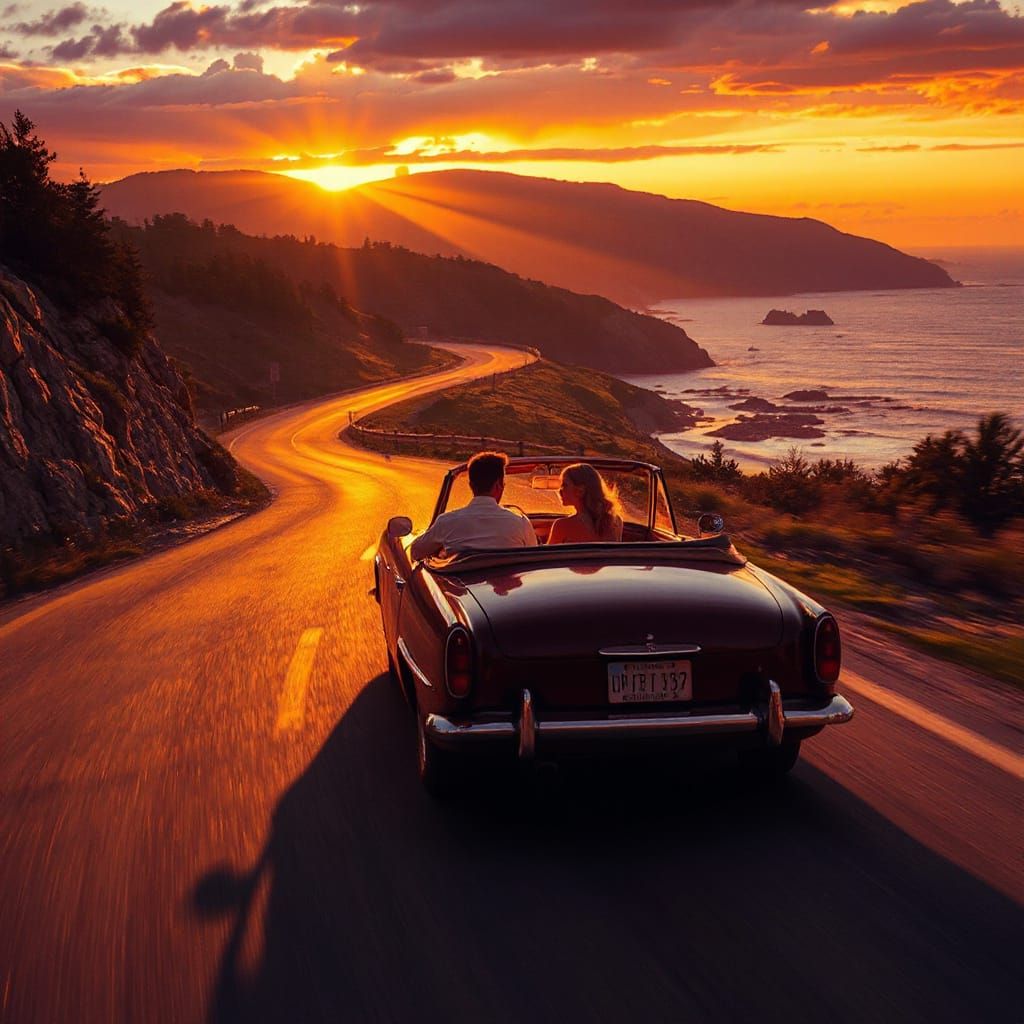 Coastal Sunset Drive in Romantic Art Nouveau Style