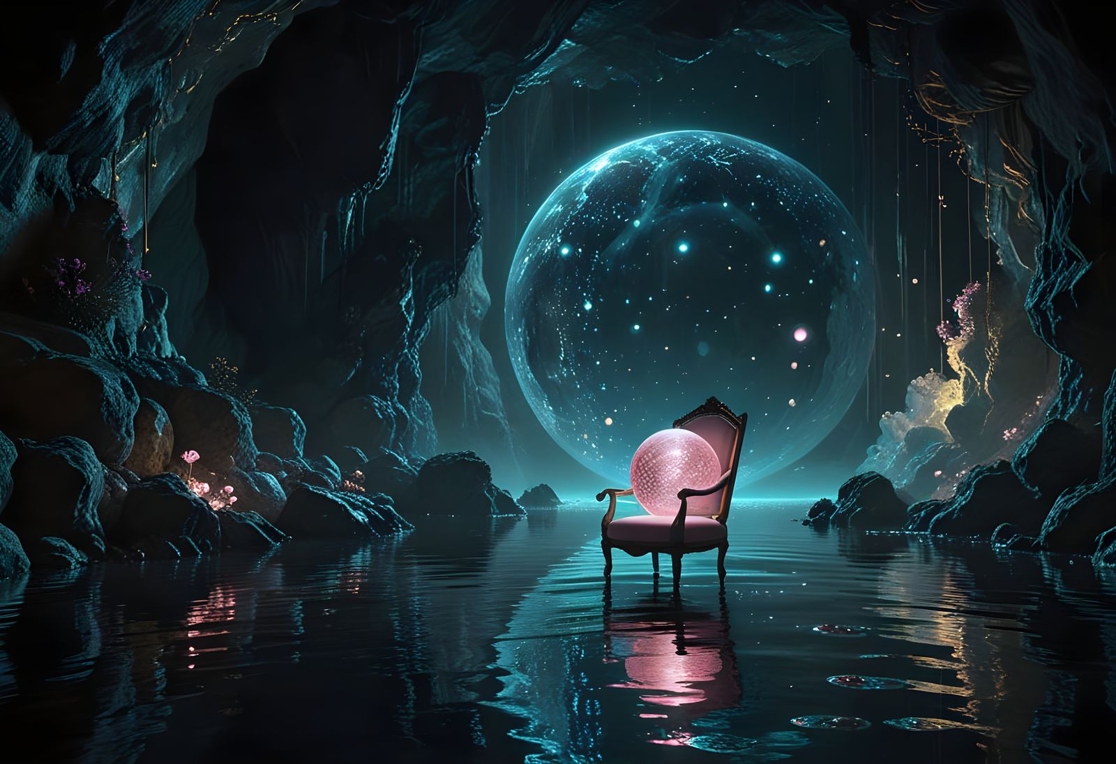 Cave Interior with Chair in Shadow-Light Style