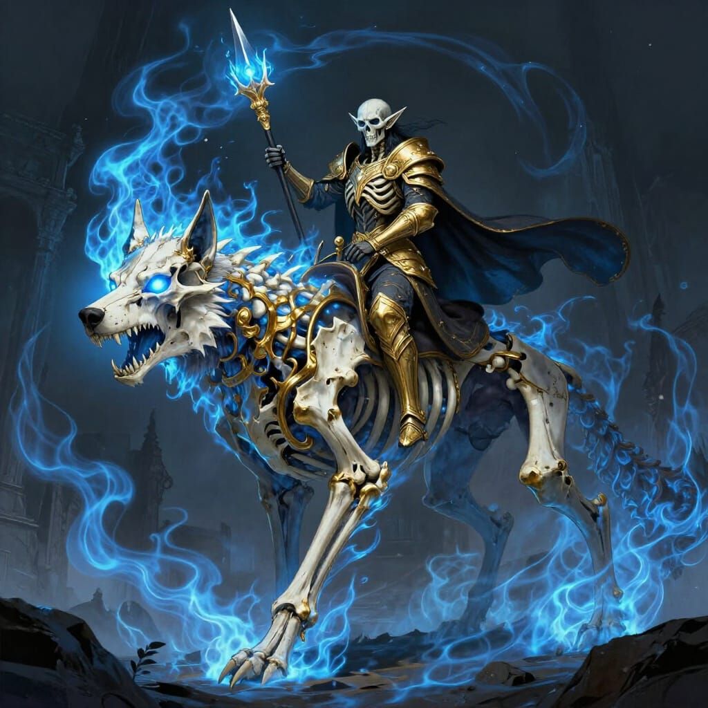 Colossal Skeletal Wolf with Blue Flames and Bone Armor