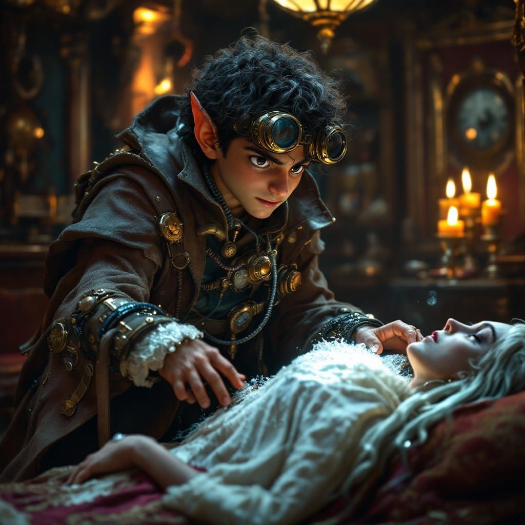 Halfling Artificer Wizard Saves Elf: Steampunk CGI Scene