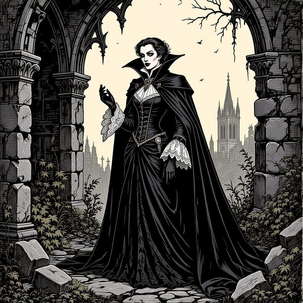 Vampire in Gothic Ruin Woodcut Illustration