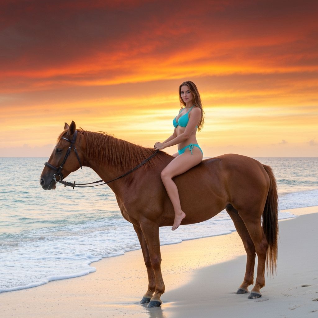 Sunset Beach Scene with Woman on Horse