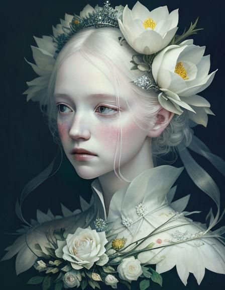 Ethereal White Queen Portrait with Floral Collage