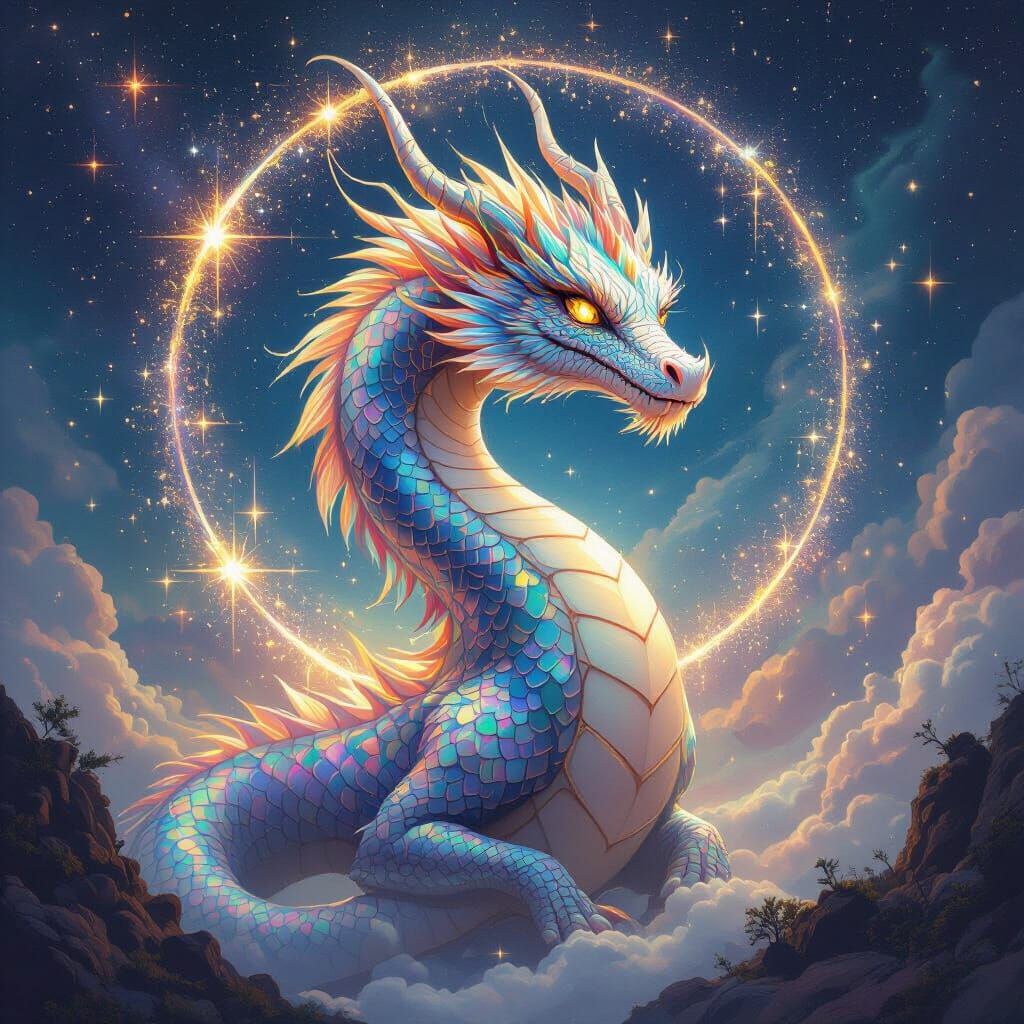 Celestial Dragon with Iridescent Scales in Ethereal Style