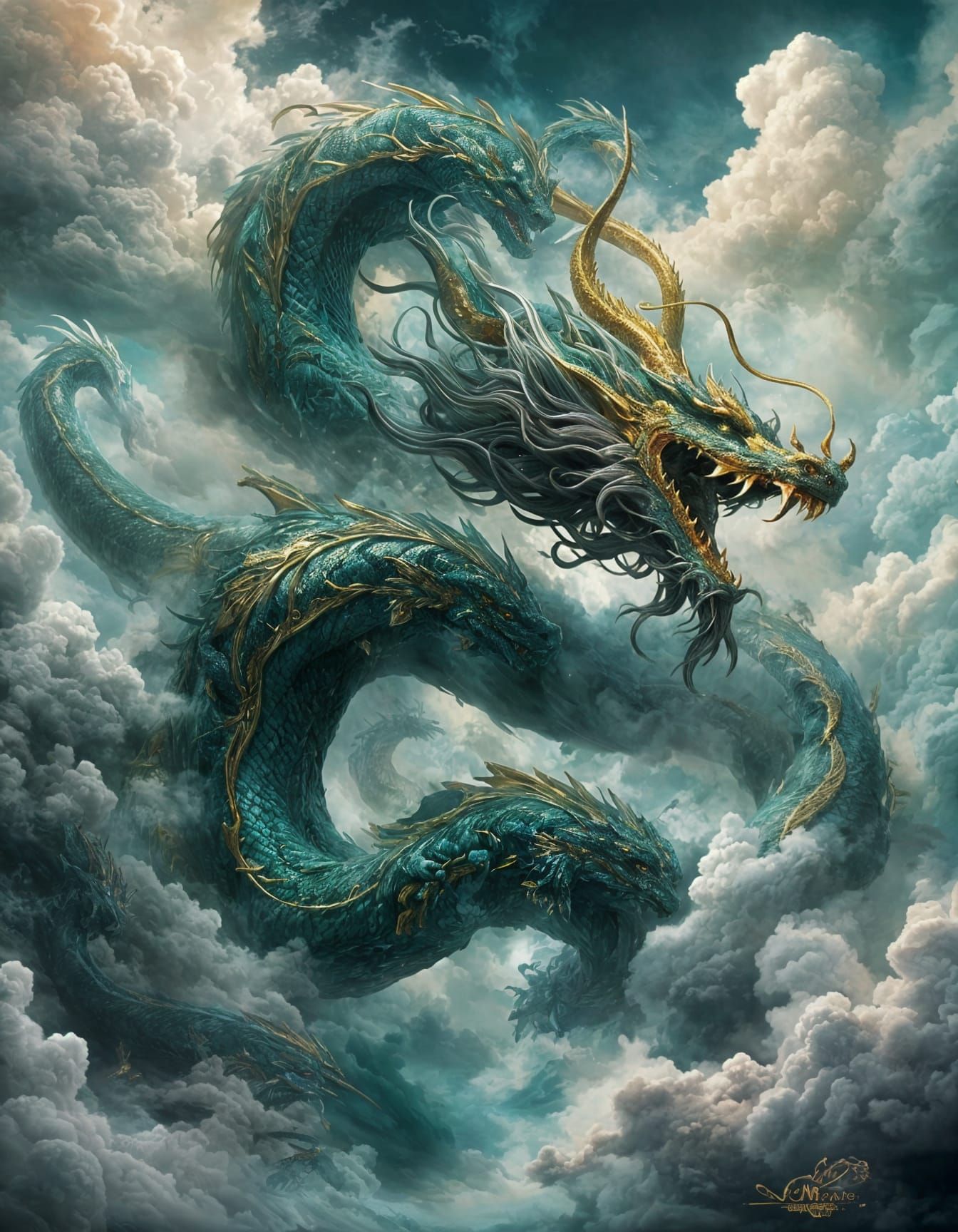 Epic Chinese Dragon Soaring Through Misty Clouds
