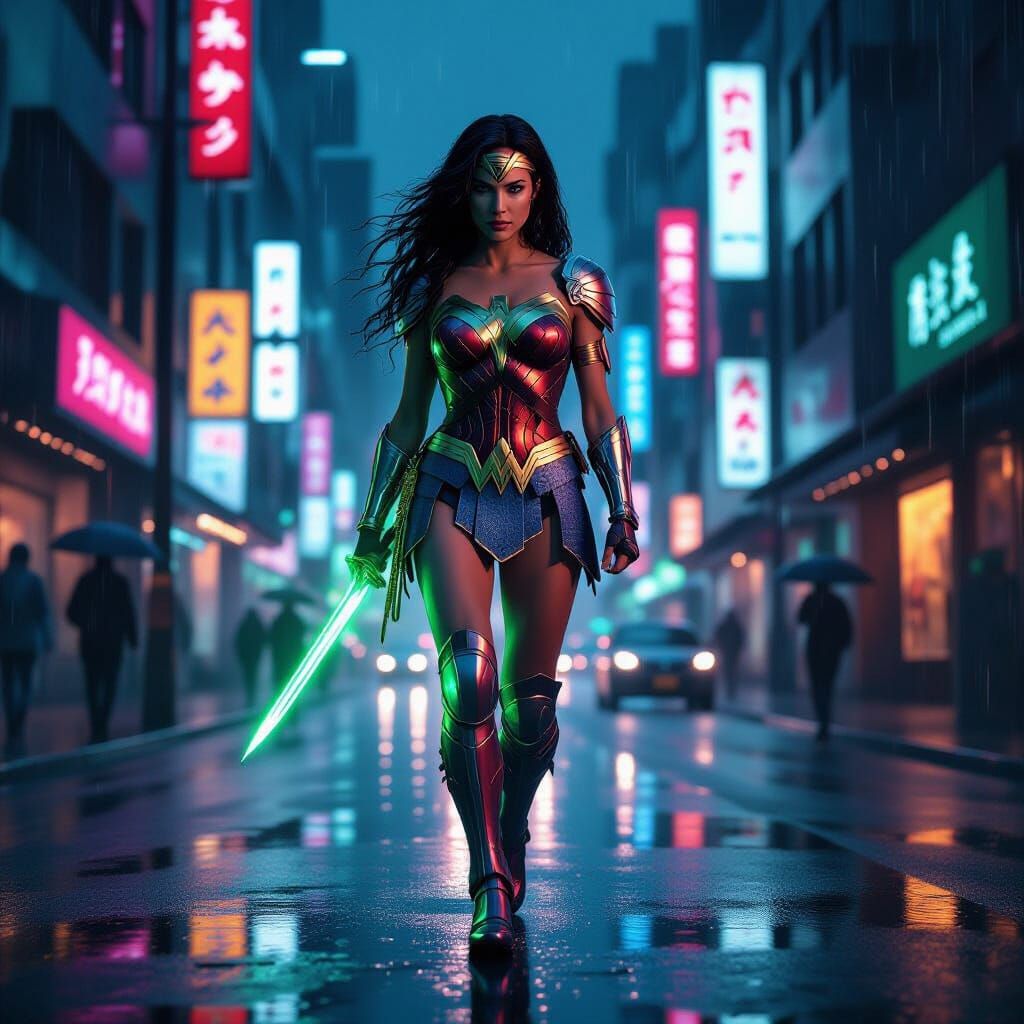Cyberpunk Wonder Woman in Neon Tokyo