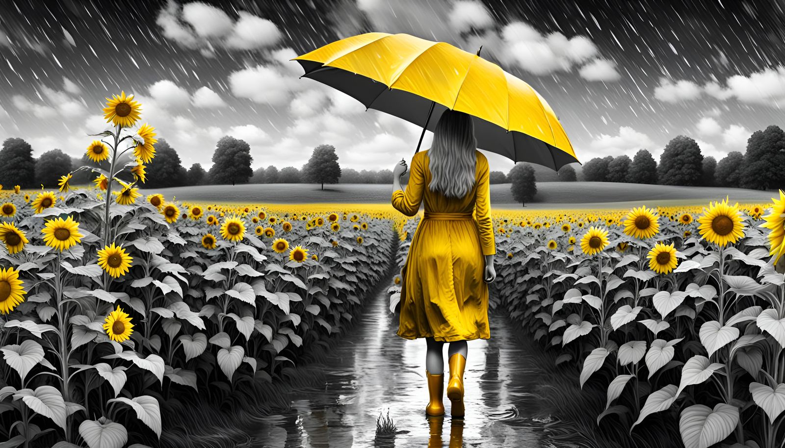 Woman in Yellow Dress Walking in Sunflower Field