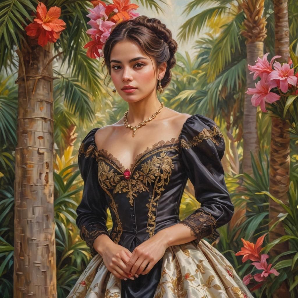 Latina Beauty in Victorian Dress: Oil Painting