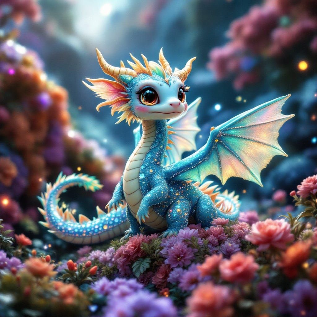 Whimsical Chibi Serpentine Dragon in Vibrant Dreamscape