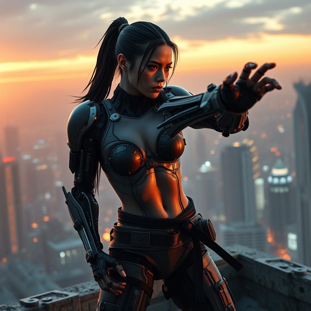 Biopunk Warrior Gazing Over Cityscape at Dawn