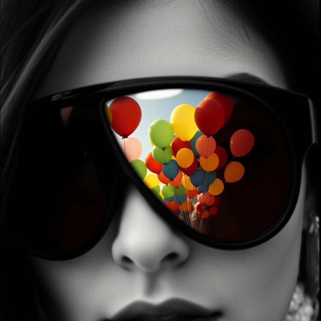 Sunglasses Reflecting Colorful Balloons: Cinematic Black and...