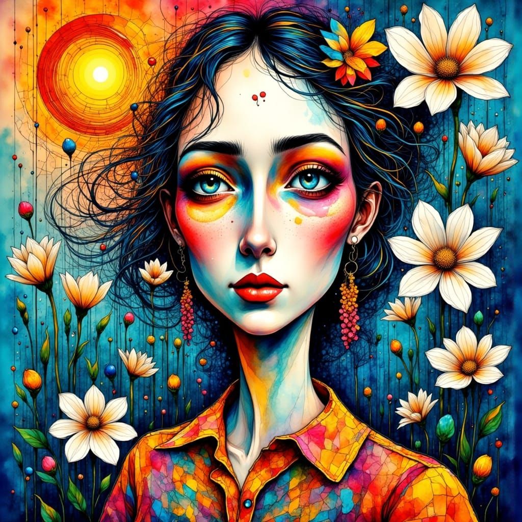 Cubist Woman with Flowers and Geometric Shapes