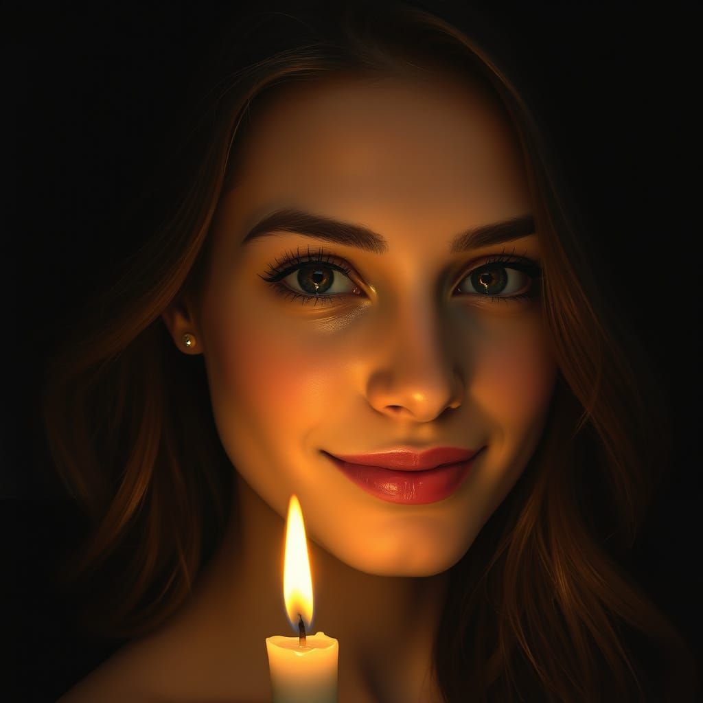 Woman in Candlelight, Softly Lit Portrait in Warm, Golden Gl...