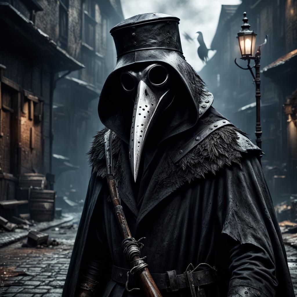epic track of the black plague doctor with a bird's beak mask, a razor as a weapon, RPG style, dark fantasy, insanely de...
