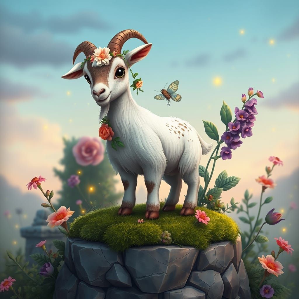 Ethereal Goat in Whimsical Fantasy Art Nouveau Style