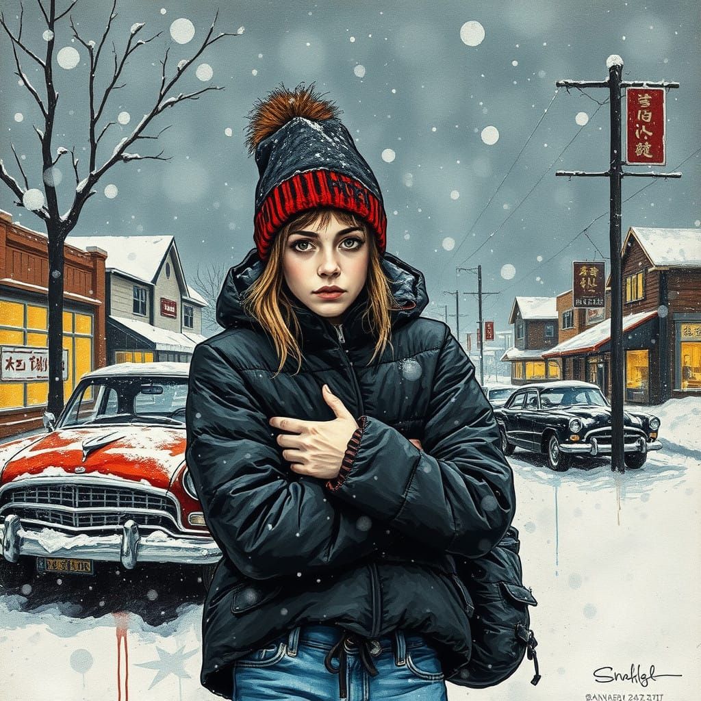 Frosty Teen in Winter Storm, Inspired by Vintage Collage