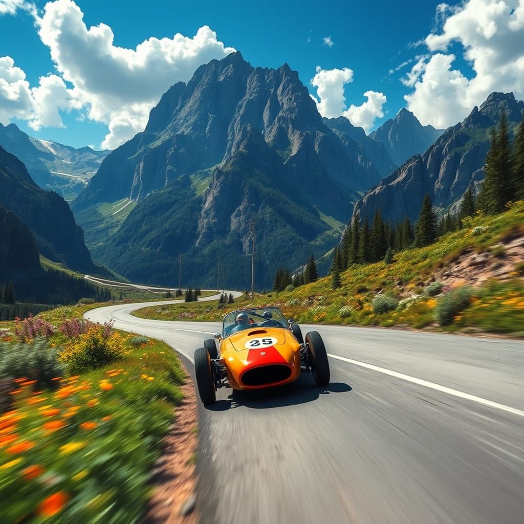 Vintage Race Car in Mountain Landscape: Matte Painting
