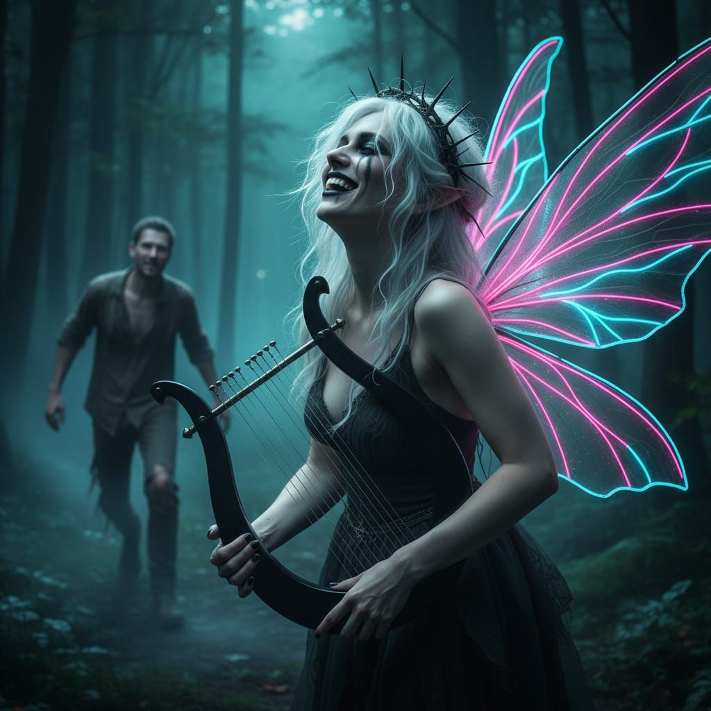 Evil Fairy with Harp in Moonlit Glade