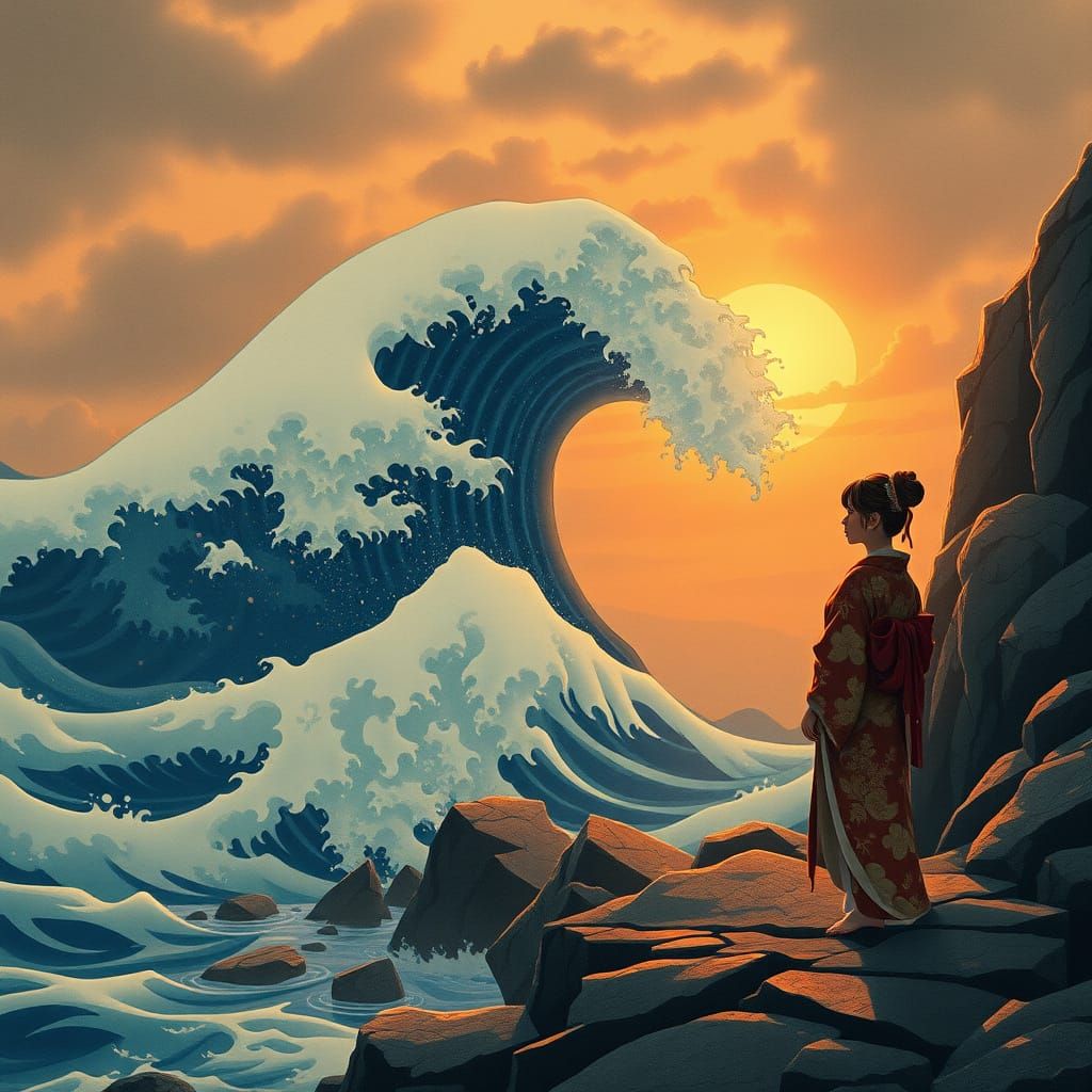 Surreal Ukiyo-e Wave at Sunrise in Traditional Japanese Styl...