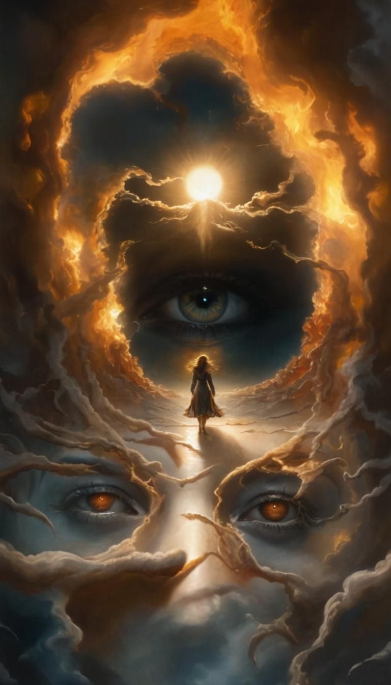 Surreal Melting Face in Divine Cloudscape