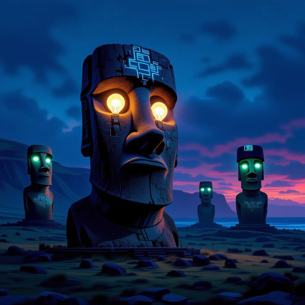 Cyberpunk Moai Statues in Neon Landscape