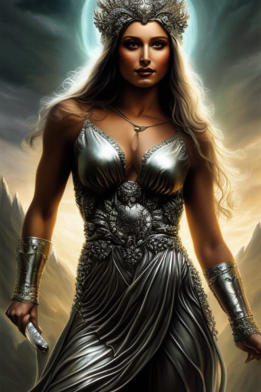 Silver Goddess in Hyperrealistic Style with Dramatic Lightin...