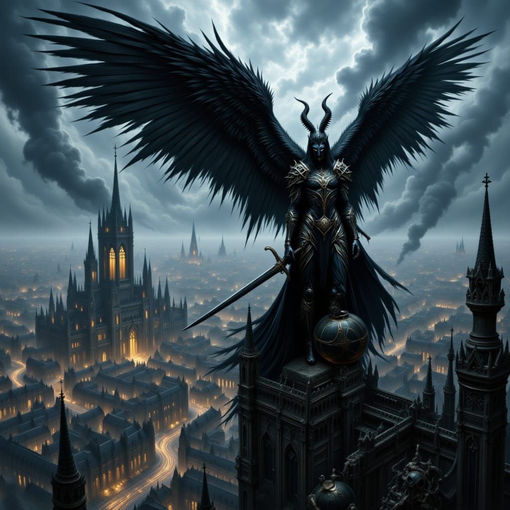 Dark Elf Perched Atop Gothic Cathedral