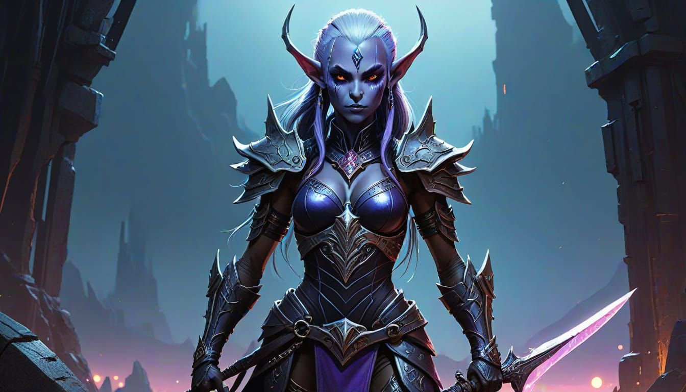 Violet Dark Elf Warrior in Twilit Armor