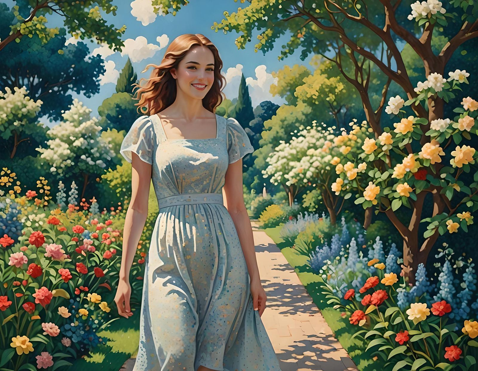 Pointillist Painting of Woman in Flower Garden