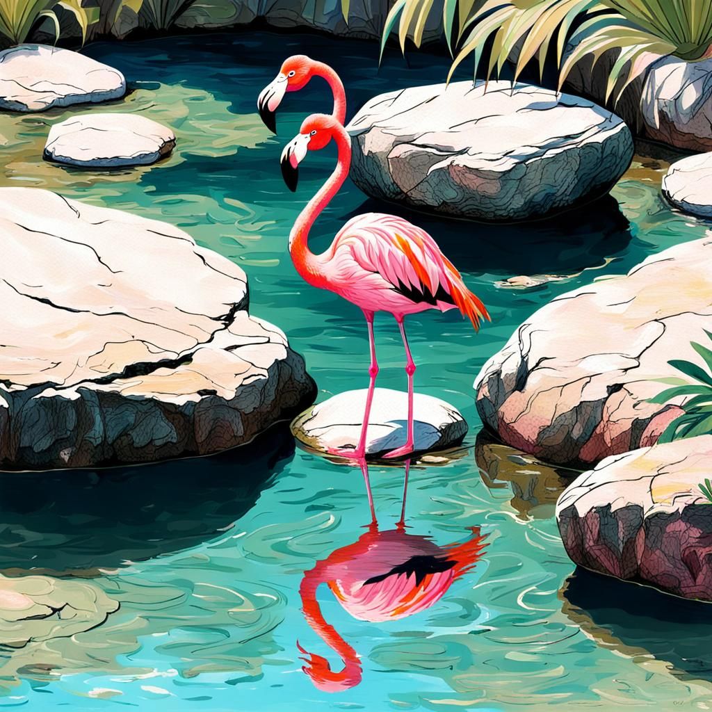 Pink Flamingo in Rock Pool
