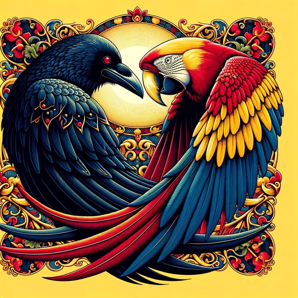 Celestial Raven and Macaw: A Heart of Contrasts