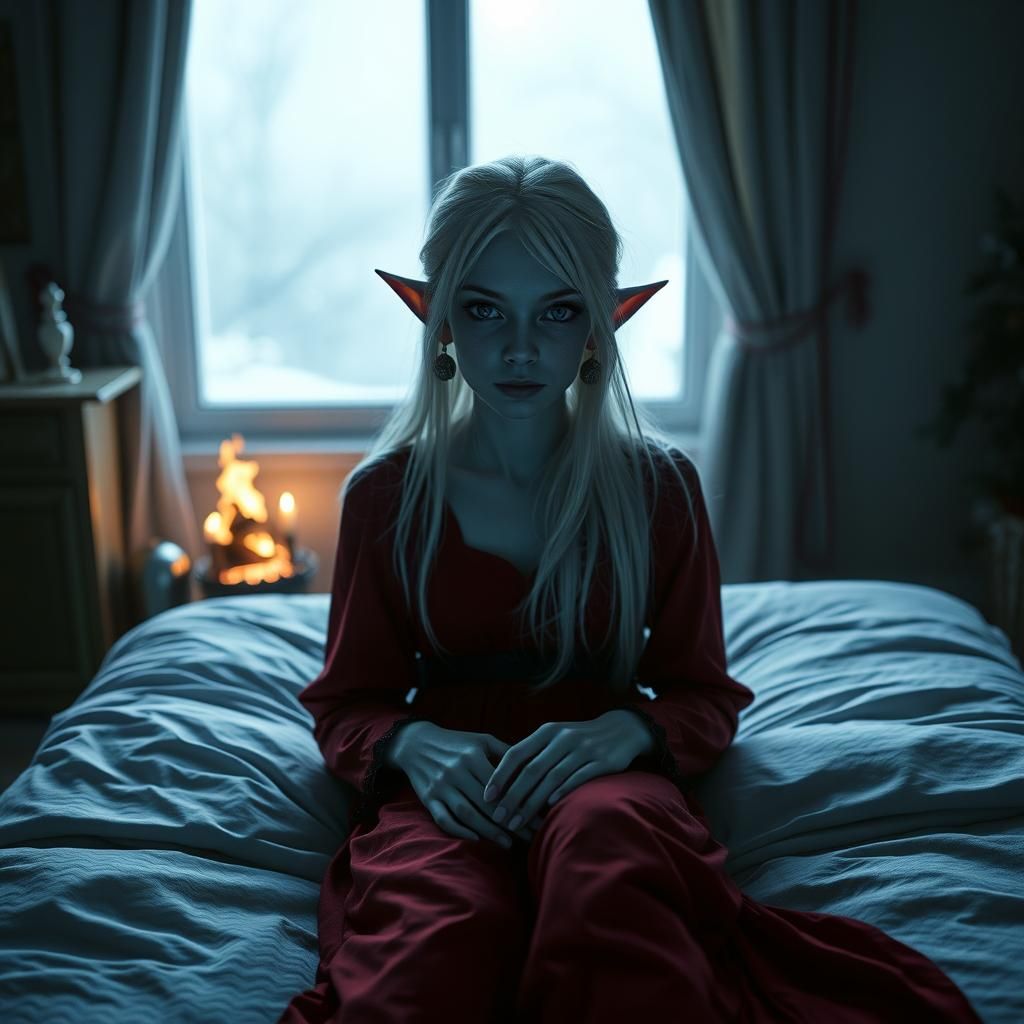 Elven Woman in Snowy Bedroom: Hyperrealistic Photography