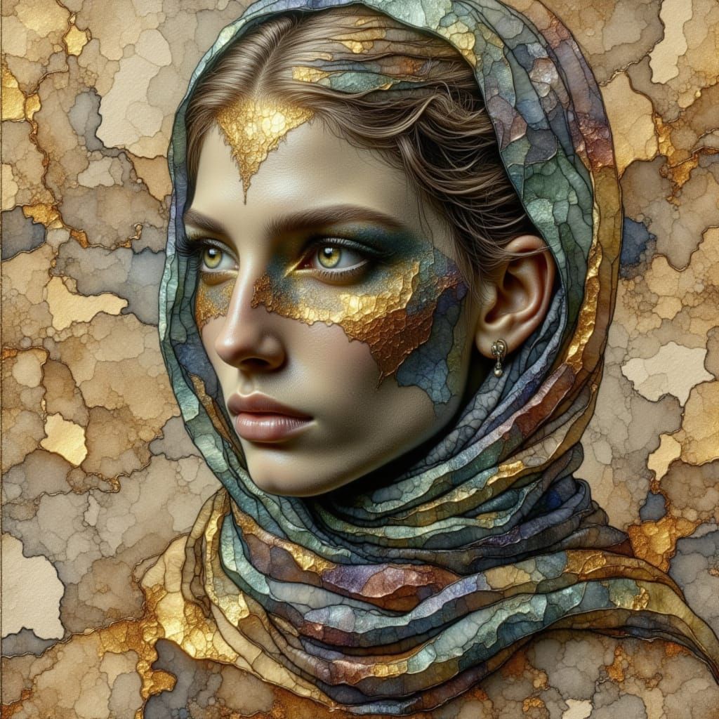 Abstract Geometric Human Silhouette Portrait in Crinkled Met...