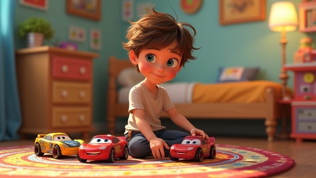 Boy Playing Cars in a Pixar-Style Bedroom