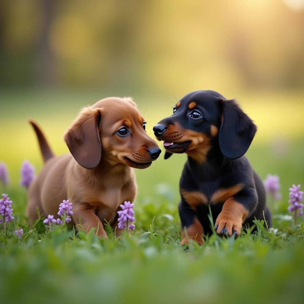 Adorable Dachshund Puppies Play in a Vibrant Meadow