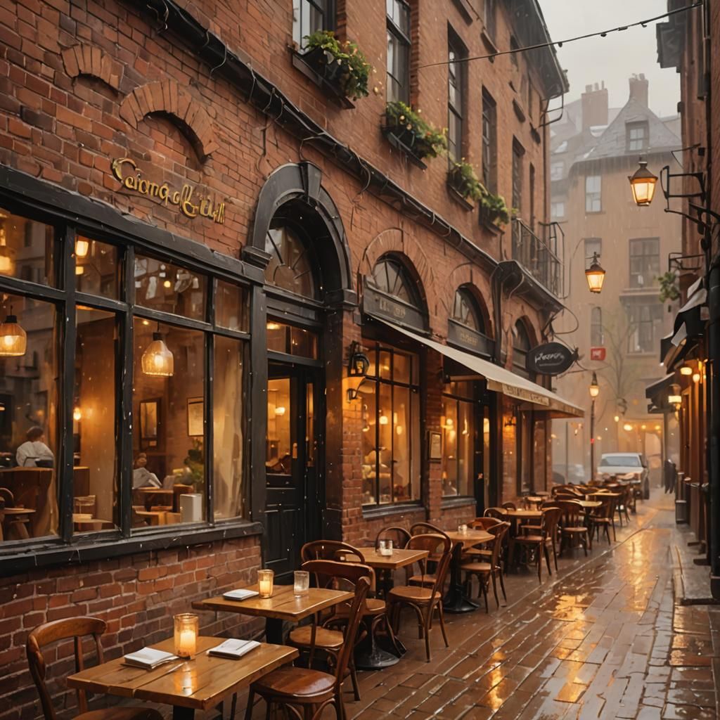 Cozy Cafe in Rainy City: Impressionistic Oil Painting
